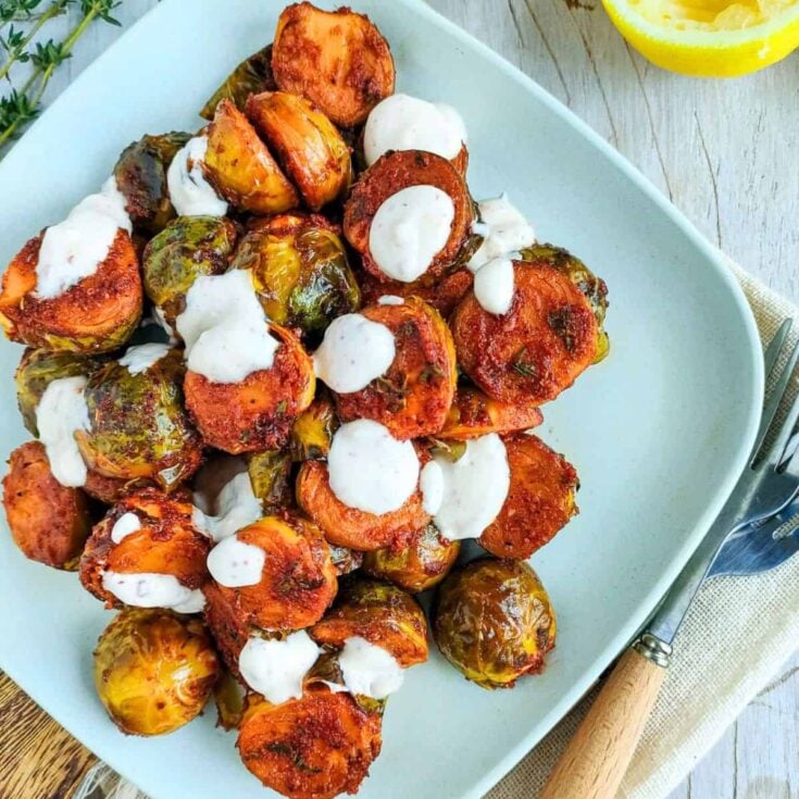 Roasted marinated Brussels sprouts on a plate