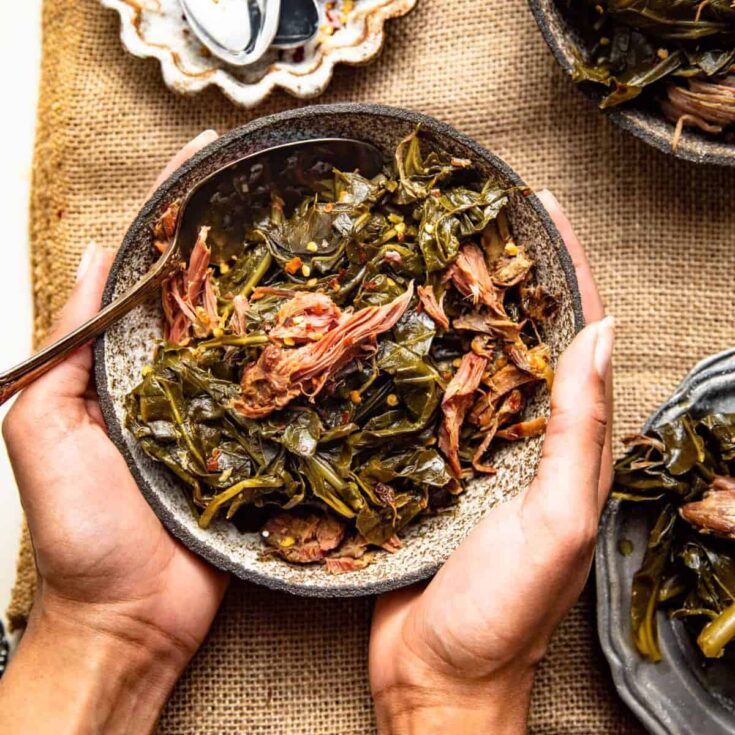 Slow cooker collard greens in a bowl