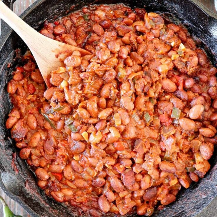 Traeger baked beans on a pan