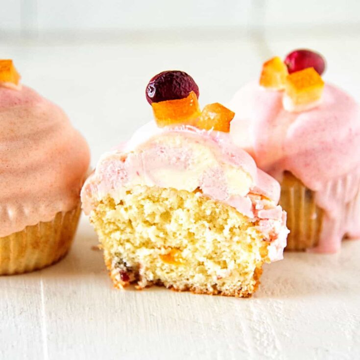 White chocolate dipped orange cranberry Thanksgiving cupcakes
