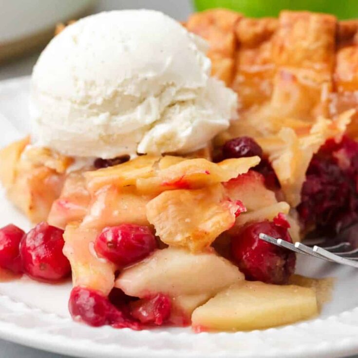 Apple cranberry pie dessert topped with vanilla ice cream