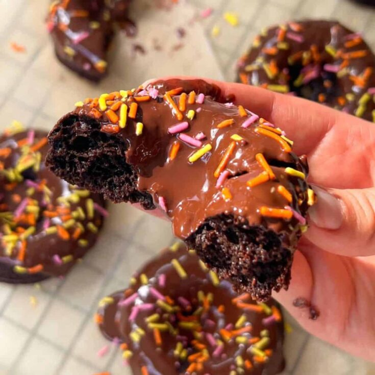 Brownie donuts with chocolate frosting, topped with sprinkles