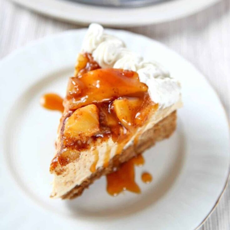A slice of caramel apple cheesecake