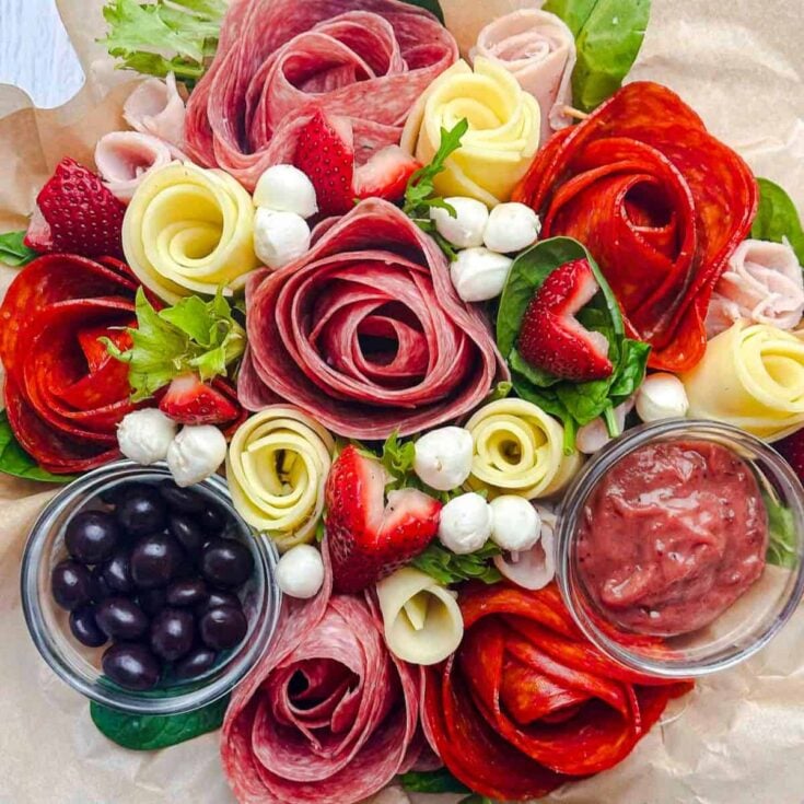 Charcuterie bouquet board with salami roses
