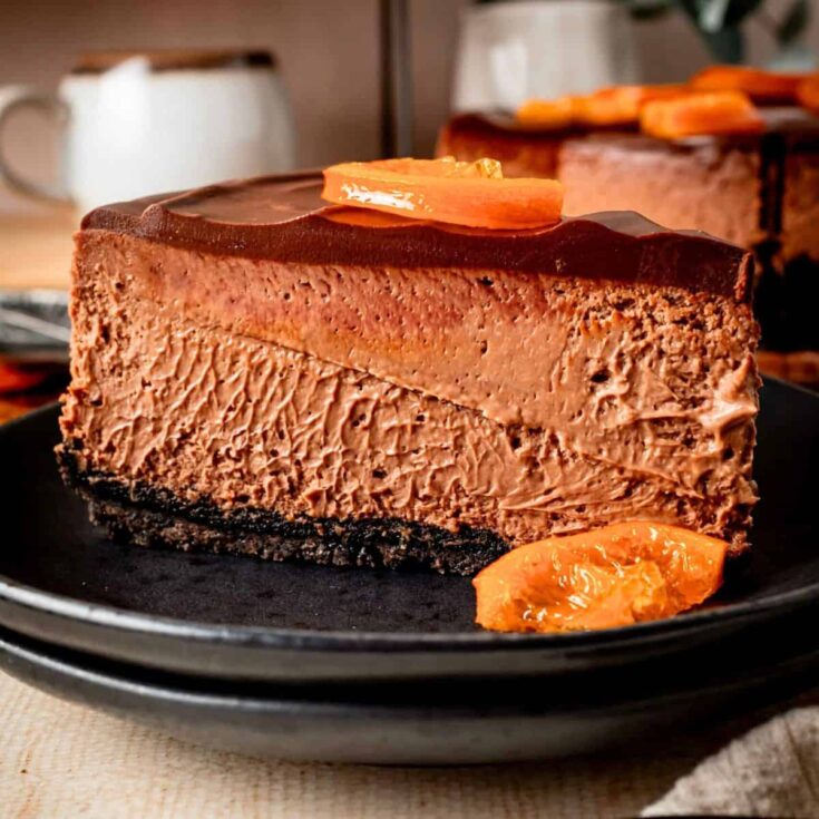 A slice of chocolate orange cheesecake