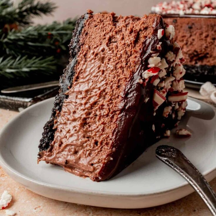 A slice of chocolate peppermint cheesecakes
