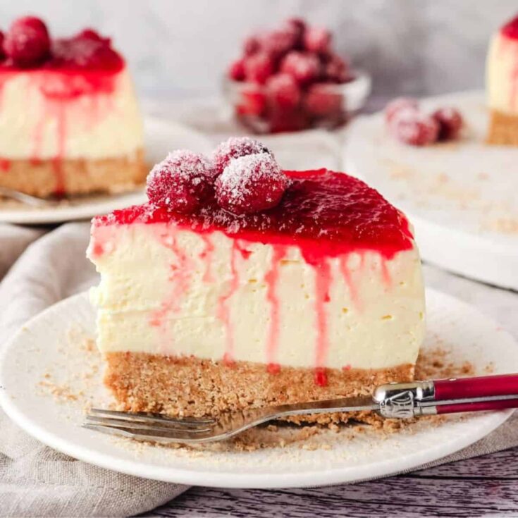 A slice of cranberry Christmas cheesecake