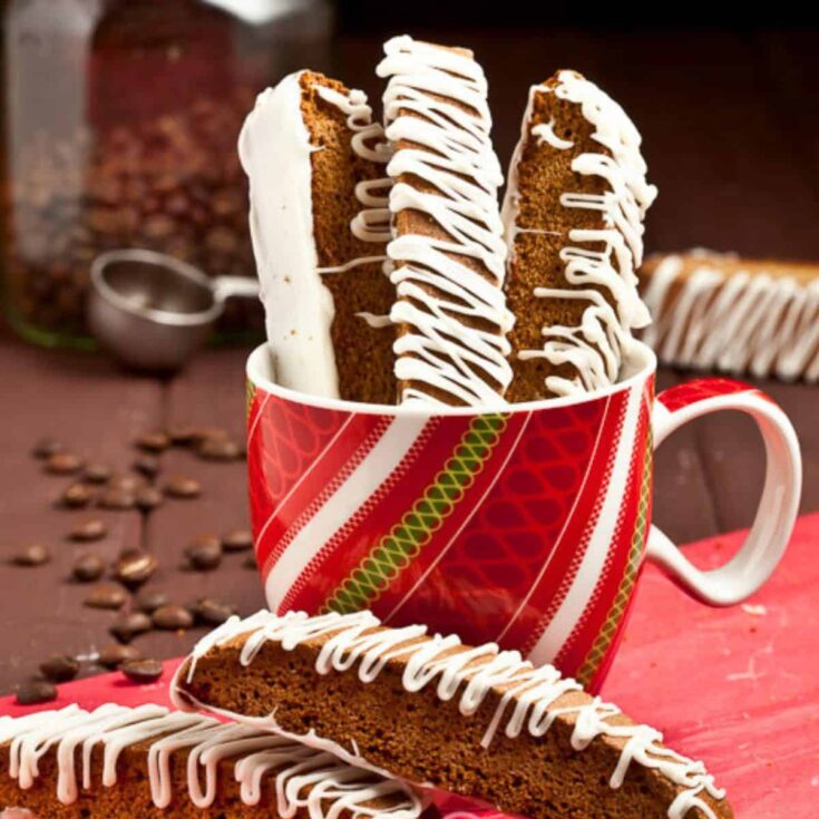 Gingerbread biscotti cookies placed in a mug