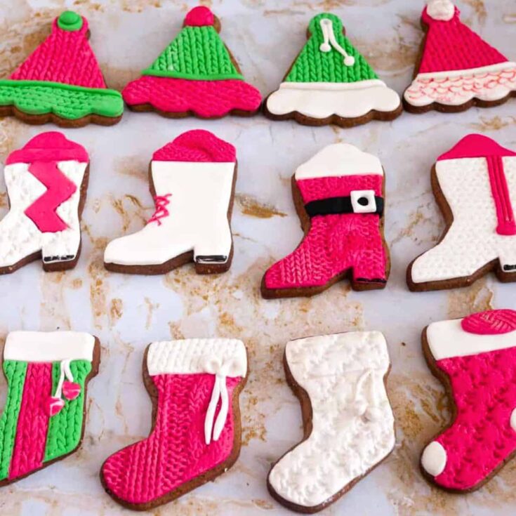 Gingerbread sugar cookies, designed as Christmas socks and hats