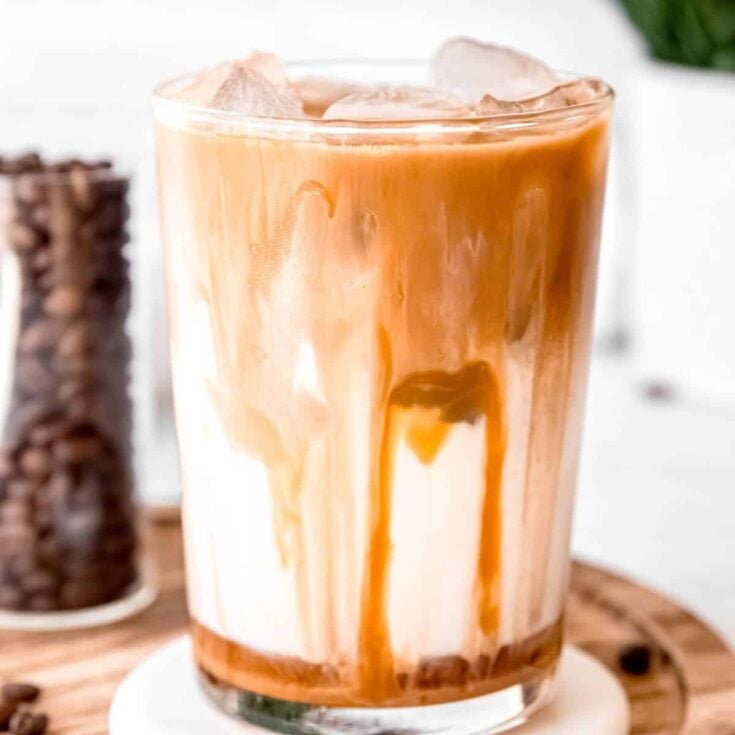 One glass of iced caramel macchiato coffee