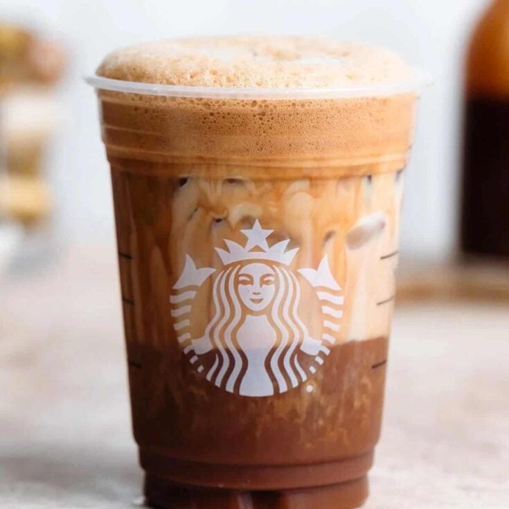 Iced chocolate almond milk shaken espresso in a Starbucks cup