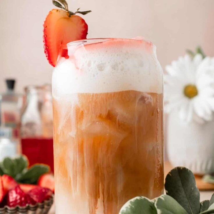 Iced strawberry latte coffee drink