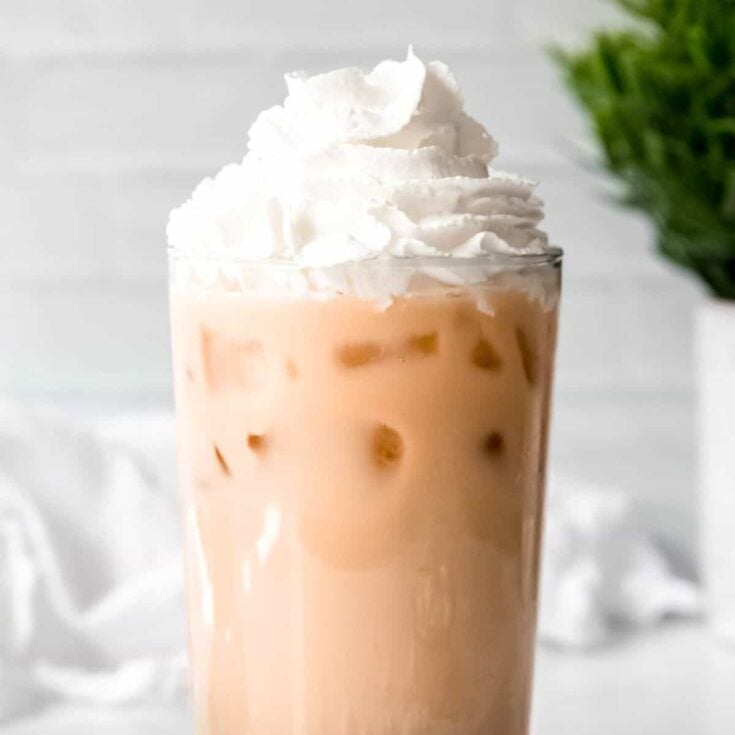 Iced white chocolate mocha topped with whipped cream