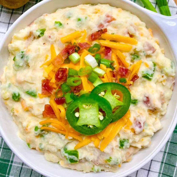 A bowl of Jalapeno popper mashed potatoes