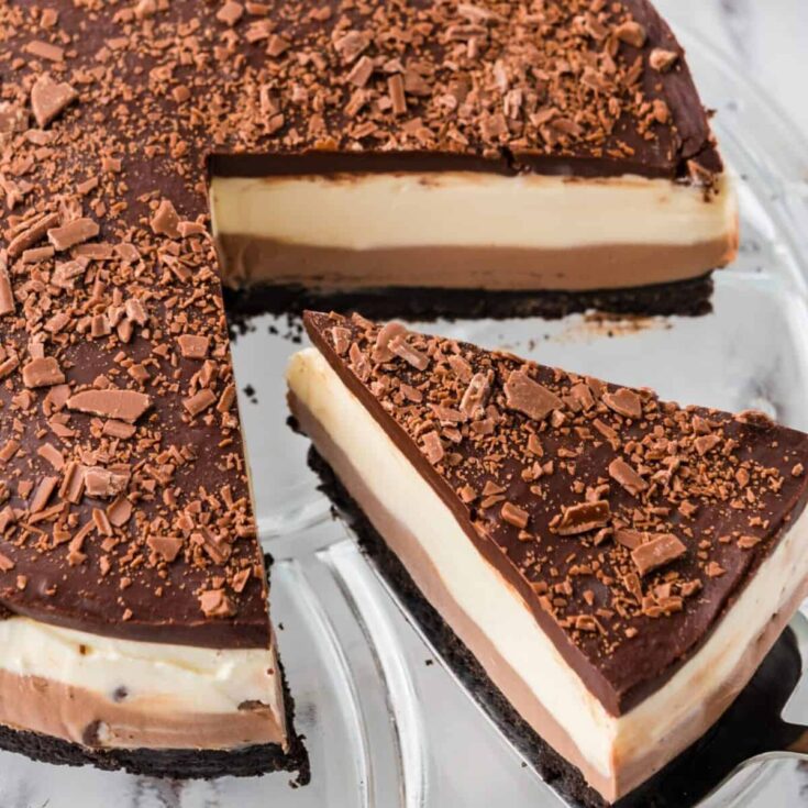 Sliced layered chocolate cheesecake