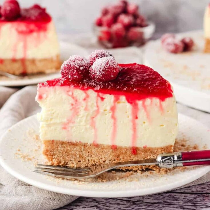 A slice of no bake cranberry cheesecake
