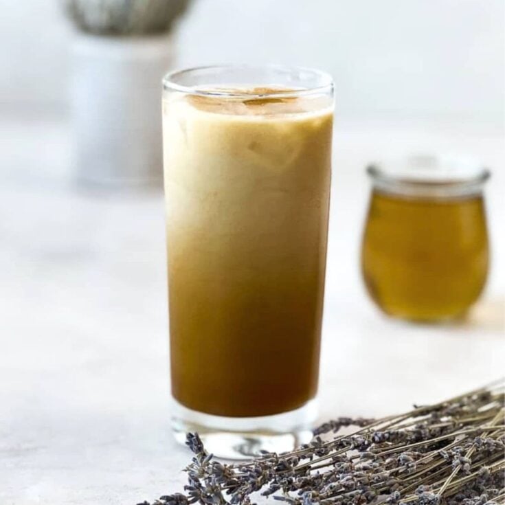 Rich and creamy iced lavender latte