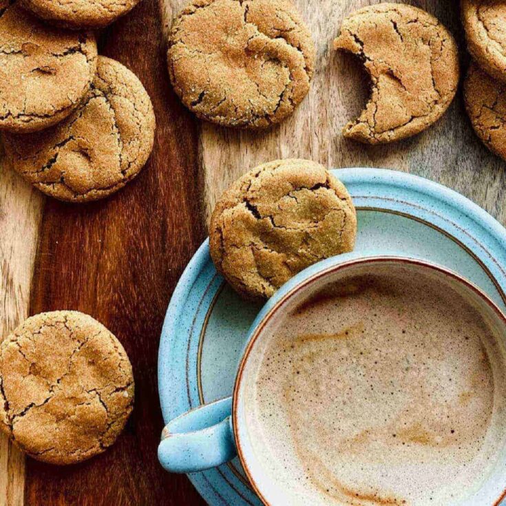 Soft and chewy gingerbread cookies, with hot chocolate on the side