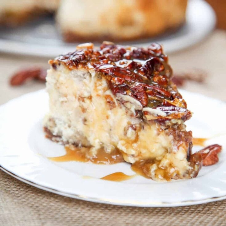 A slice of pecan pie cheesecake