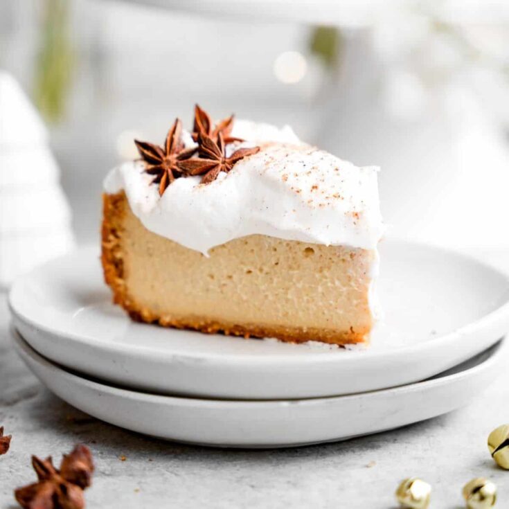 A slice of vegan eggnog cheesecake