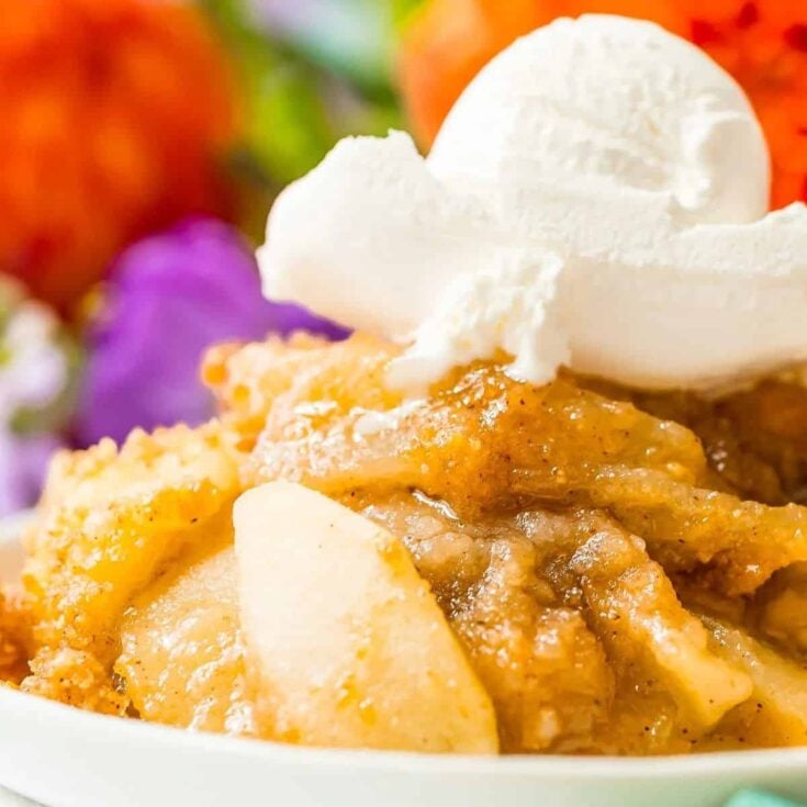 Apple brown betty dessert topped with whipped cream