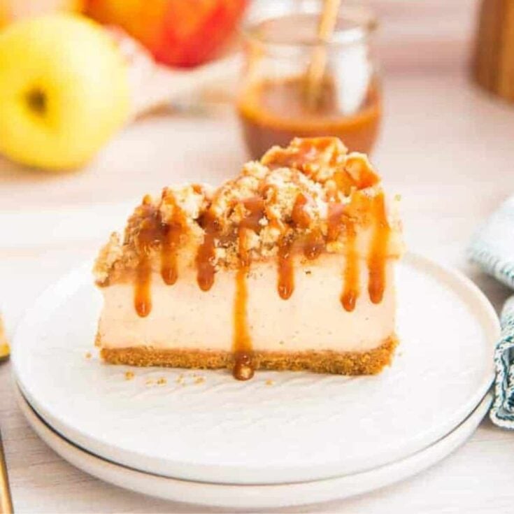 A slice of apple streusel cheesecake