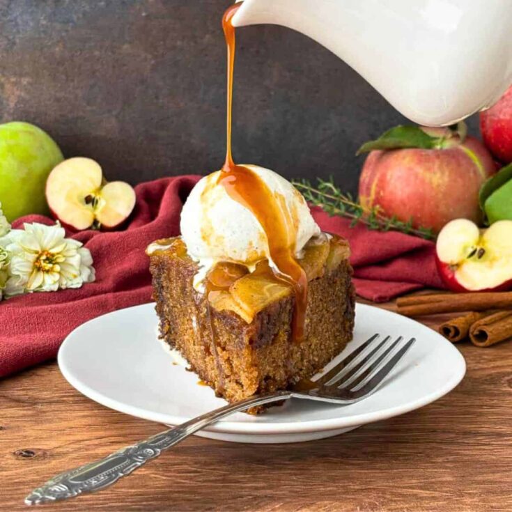 A slice of apple upside down cake made after reading these apple recipes