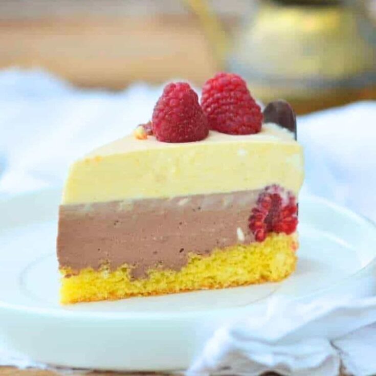 A slice of chocolate and peach cheesecake