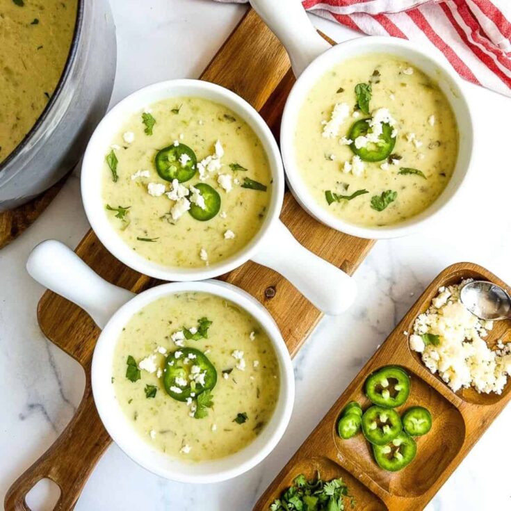 Three bowls of cream of jalapeno soups, made after reading these Winter soups