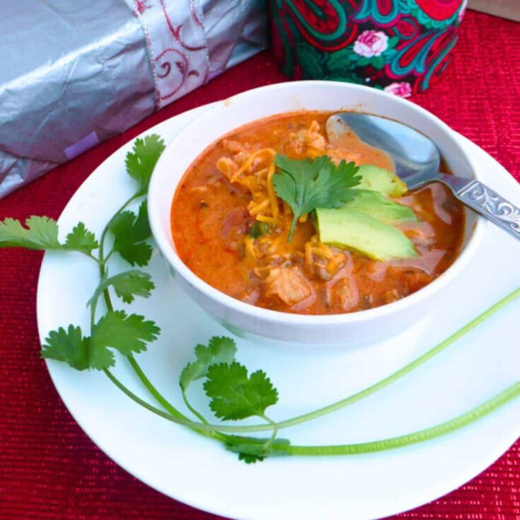 A bowl of Crockpot creamy Christmas posole
