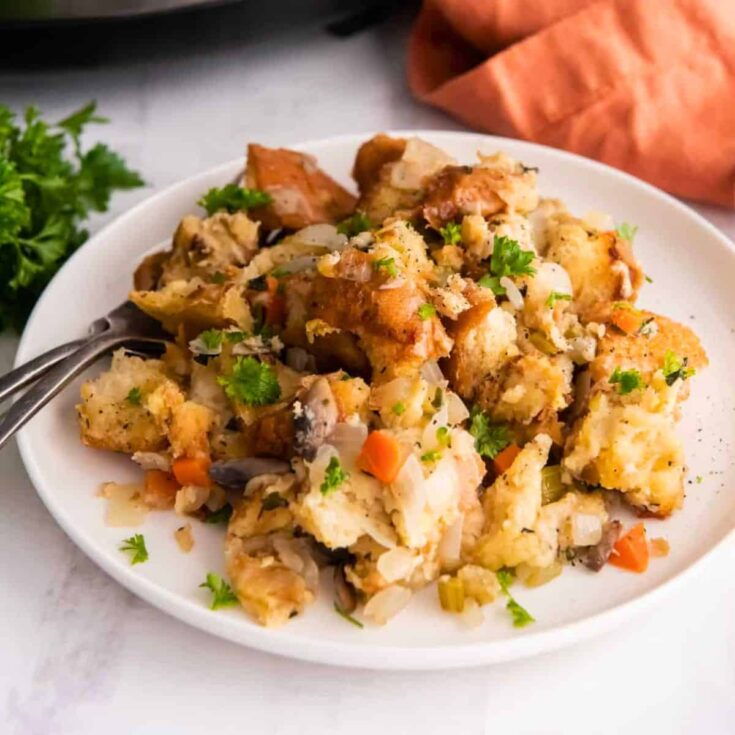A plate of crockpot stuffing, made after reading these Christmas crockpot recipes