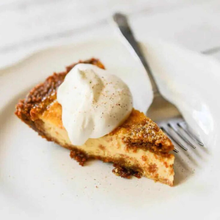 A slice of eggnog pie with gingerbread pie crust dessert