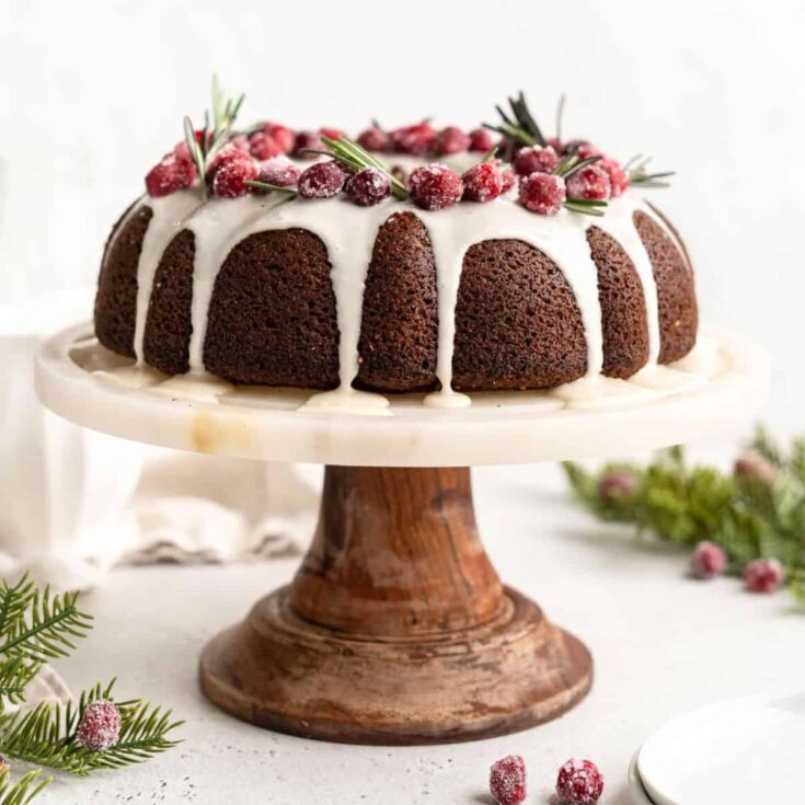 Gingerbread cake topped with raspberries