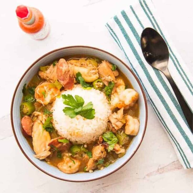 Gumbo with andouille sausage chicken and seafood winter soup with rice