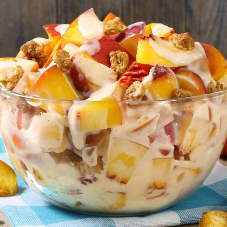 A bowl of peach cobbler cheesecake fruit salad