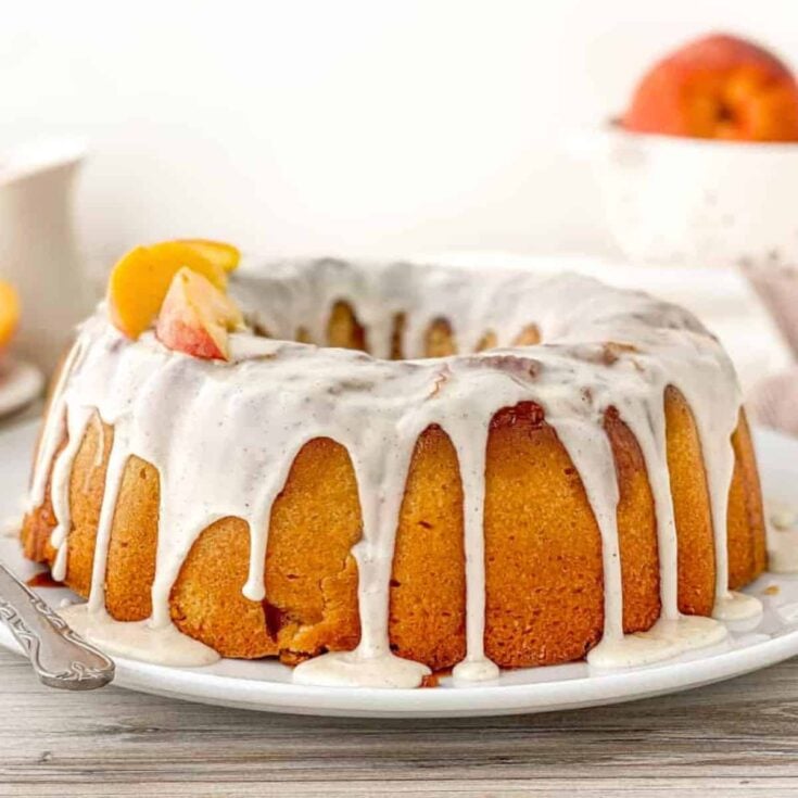 Peach cobbler pound cake with bourbon glaze