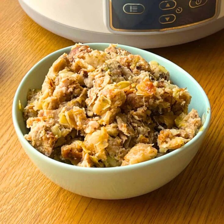 A bowl of slow cooker turkey stuffing