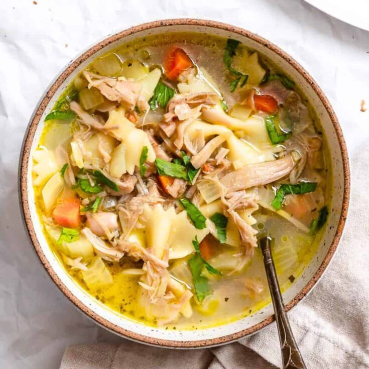 Vegan jackfruit chicken noodle soup