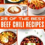 A collage of beef chili food, with the text overlay 25 of the best beef chili recipes