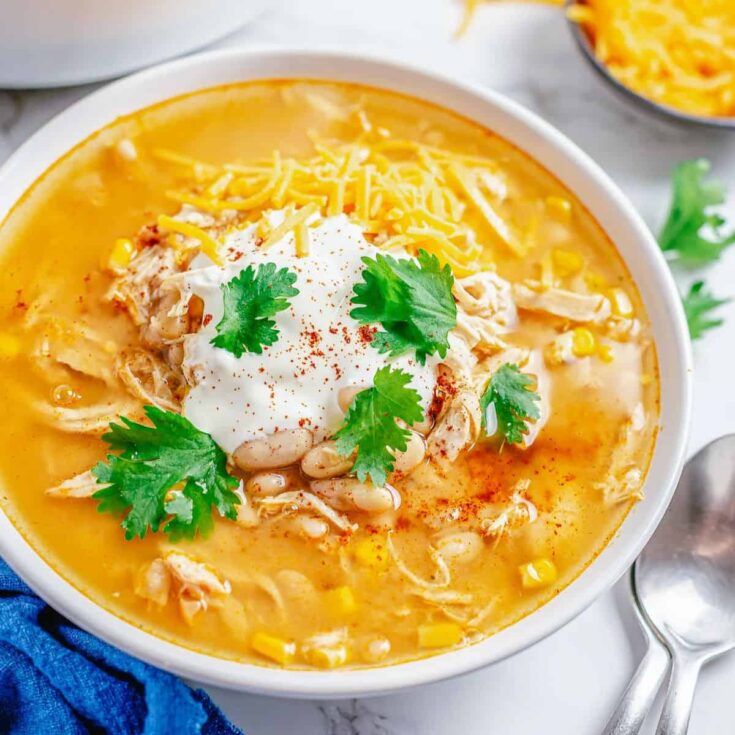 A bowl of white chicken chili