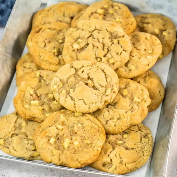Chewy caramel apple cookies on a tray