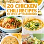 A collage of chicken chili food, with the text overlay 20 chicken chili recipes to spice up your dinner