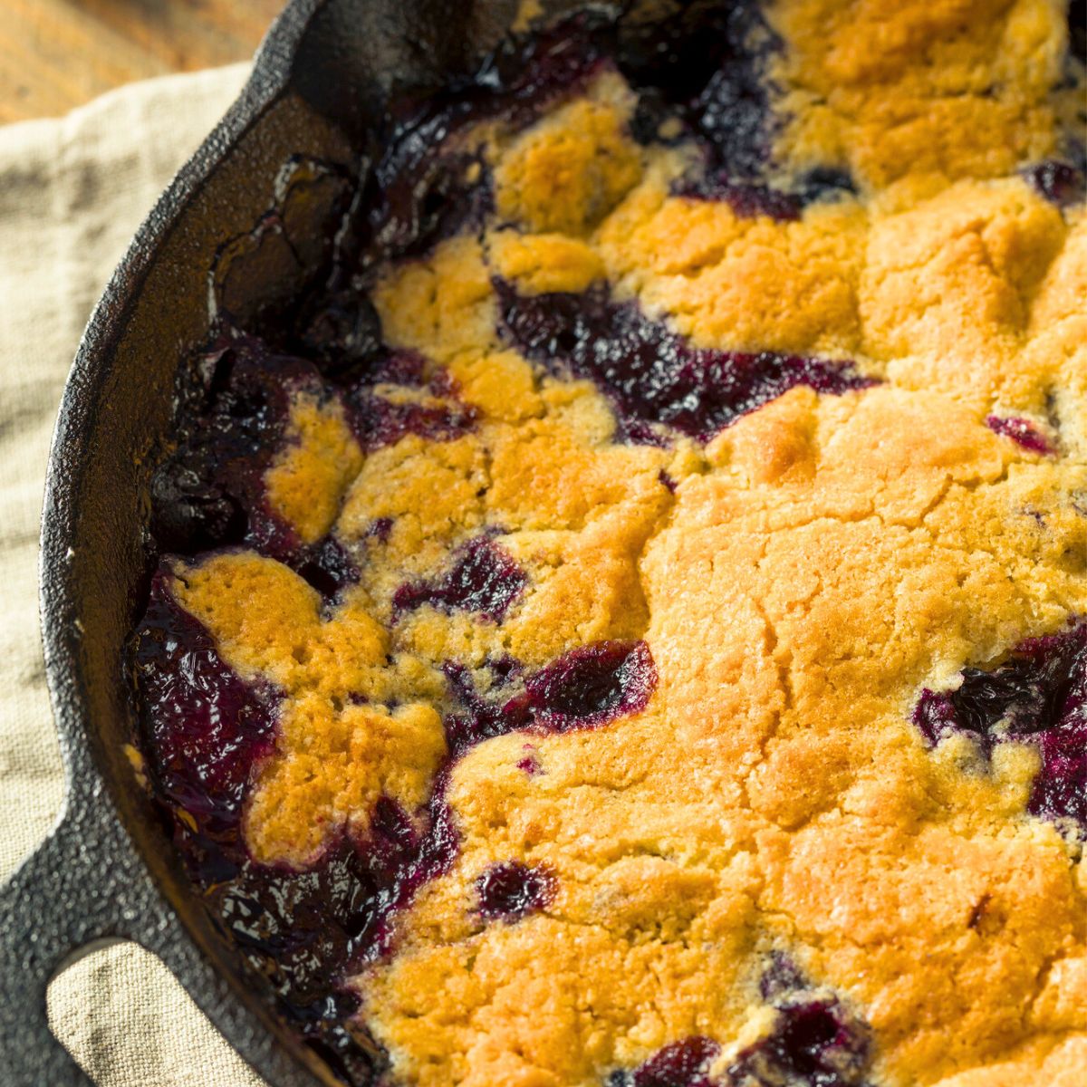 Berry cobbler in a cast iron skillet, made after reading these campfire desserts