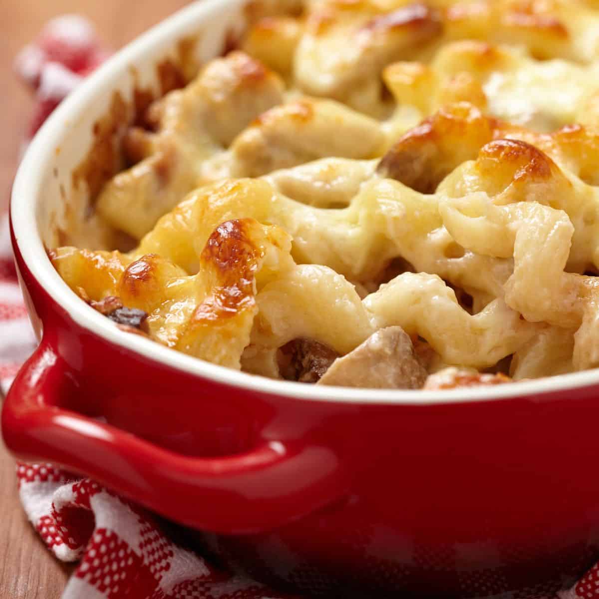 Baked casserole with cheese topping, made after reading these potluck recipes