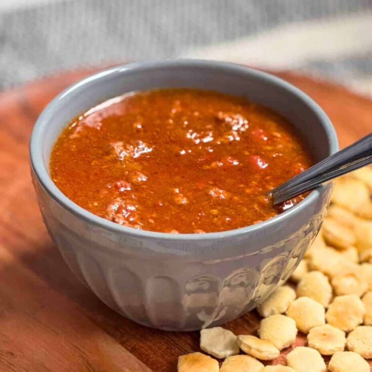 A small bowl of homemade beef chili soup