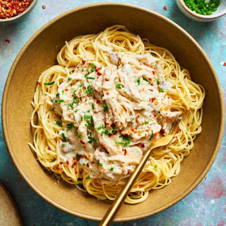 A plate of slow cooker angel chicken pasta