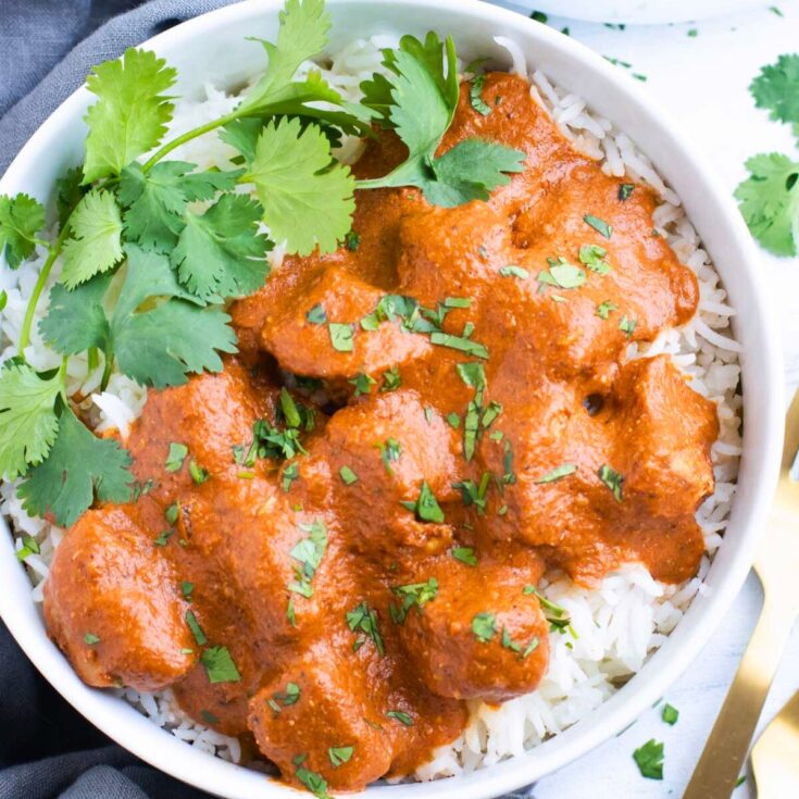 A bowl of slow cooker chicken tikka masala