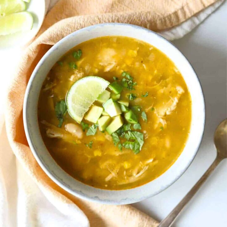 A bowl of green chili chicken soup