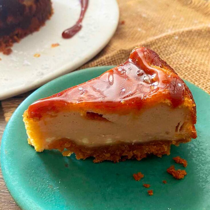 A slice of Instant Pot salted caramel cheesecake