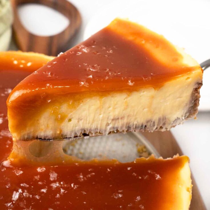 A slice of salted caramel cheesecake